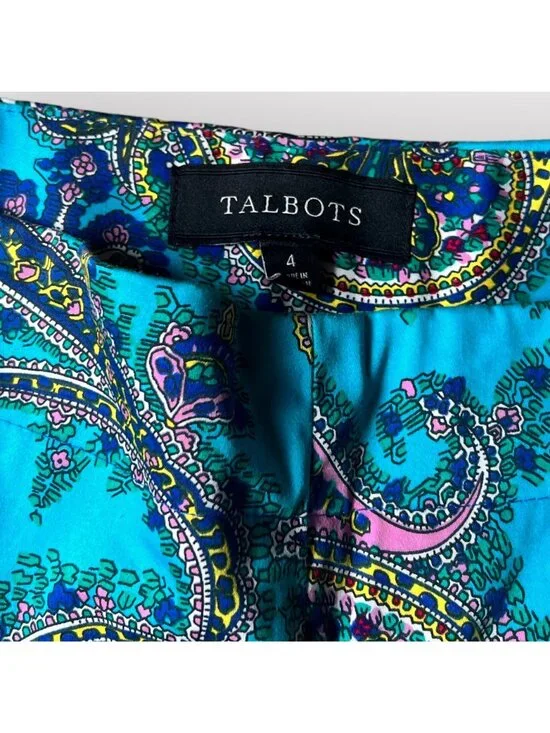 Talbots Size 4 Turquoise Blue Paisley Print Flat Front Slim Cropped Capri Pants - Picture 2 of 10